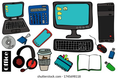 Cute Doodle on the theme of the office. A set of desktop computers. Hand-drawn vector illustration.