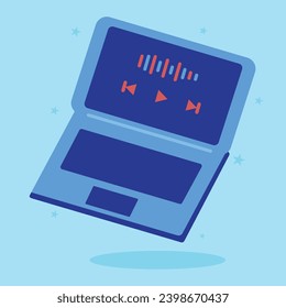 Cute Doodle on the theme of podcast. Hand-drawn
laptop doodle vector illustration with blue sky background.