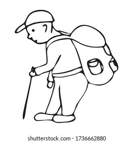 Cute Doodle sobre el tema del turismo. Un hombre con una mochila. Ilustración vectorial dibujada a mano.