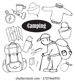 Cute Doodle sobre el tema del turismo. Un conjunto de elementos diferentes sobre el tema del camping. Ilustración vectorial dibujada a mano.