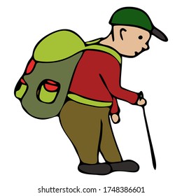 Cute Doodle on the topic of tourism. A man with a backpack. Hand-drawn vector illustration.