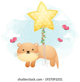 Cute doodle otter flying with balloon cartoon character Premium Vector Perfect for merchandise, birthday