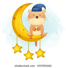 Cute doodle otter holding coffee cup on the moon cartoon character Premium Vector Perfect for merchandise, birthday