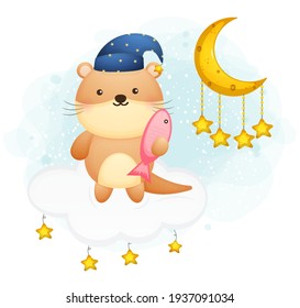 Cute doodle otter on the cloud cartoon character Premium Vector Perfect for merchandise, birthday