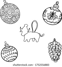 Cute doodle outine set of christmas balls decorations. Hand drawn vector line art of New Year balls, bull and pinecone toys for Christmas tree. Symbol of New Year 2021. Isolated on white background.