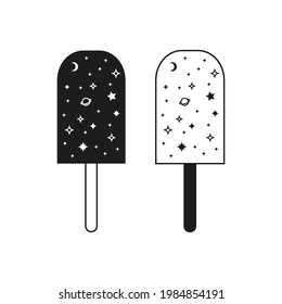 Cute doodle outline and black celestial ice cream sticks with stars, crescent moon and planet isolated on white background. Cosmic summer dessert. Boho t-shirt print.