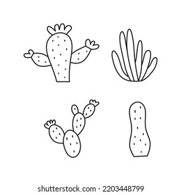 Cute doodle outline cactuses and aloe isolated on white background.