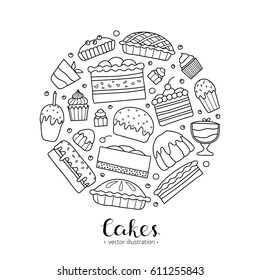 Cute doodle outline cakes for birthday, easter, party, sweet cafe composed in circle shape with lettering.