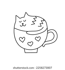 Cute doodle outline cat cappuccino in cup isolated on white background.