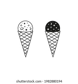 Cute doodle outline celestial ice creams with stars, crescent moon and planet isolated on white background. Cosmic summer dessert. Boho t-shirt print.