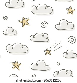Patrón de cielo en la nube de borde de garabato con estrellas en caída. Textura sin inconvenientes para textiles, tejidos, prendas de vestir, envolturas, papel, papelería, vivero.