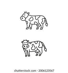 Cute doodle outline cows isolated on white background. Domestic farm animals.