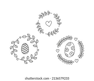 Frische Doodle umreißen Osterblumenreste, die aus grünen Zweigen mit Eiern bestehen, Herzen einzeln auf weißem Hintergrund.