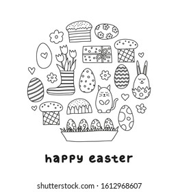 Cute doodle outline Easter icons composed in circle shape.