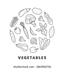 Cute doodle outline food vegetable icons including broccoli, garlic, cucumber, sweet potato, onion, corn, beet, zuccini, eggplant, butternut, tomato, carrot, chili, lettuce, bell pepper in circle.
