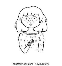 Cute doodle outline girl with a cup of  hot drink.  Can be used as t-shirt print