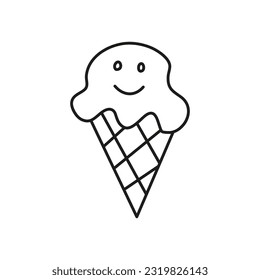 Cute doodle outline smiling ice cream cone character in retro groovy style. Colored hipster symbol.