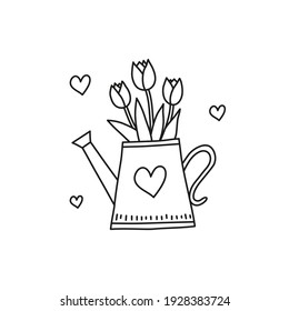 Las flores de tulipán de la primavera en el riego pueden aislarse en el fondo blanco. Ilustración floral de primavera estacional. Siluetas de contorno negro.