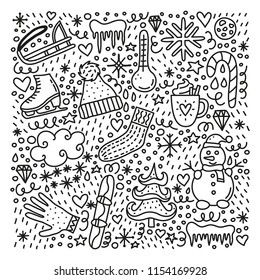 Cute doodle outline winter icons isolated on white background.