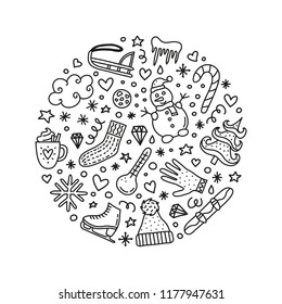 Cute doodle outline winter icons composed in circle shape.