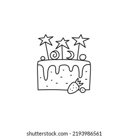 Cute doodle outline yammy birthday cake isolated on white background.
