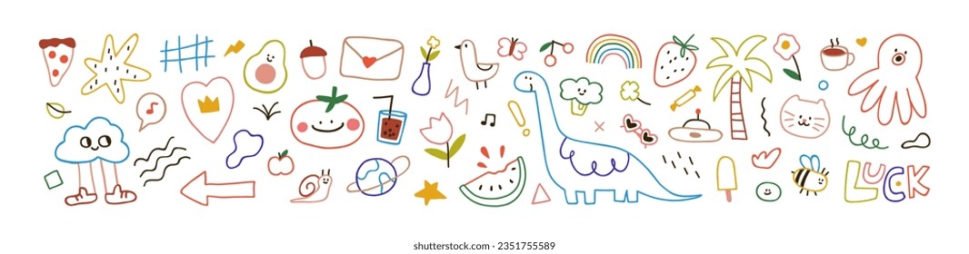 Cute doodle outlined design elements set. Funny creative line art animals, food, flower, rainbow, abstract shapes in kids scribble style. Trendy naive drawings. Childish hand-drawn vector illustration