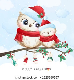 Cute Doodle Owl For Christmas Day With Watercolor Illustration