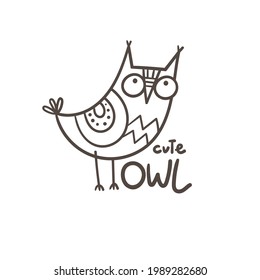 Cute doodle owl emblem. Funny vector character. Line art animal print. Cartoon bird poster.