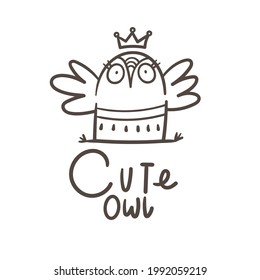 Cute doodle owl emblem. Funny vector character. Line art animal print. Cartoon bird poster.