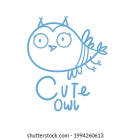 Cute doodle owl emblem. Funny vector character. Line art animal print. Cartoon bird poster.