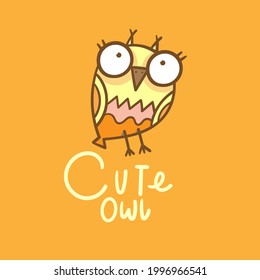 Cute doodle owl emblem. Funny vector character. Line art animal print. Cartoon bird poster.