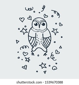Cute doodle owl. Hand drawn vector illustration. Nice for t-shirt print, kids wear fashion design, baby shower invitation and greetings card.