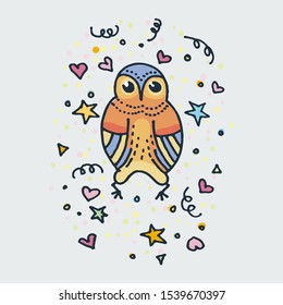 Cute doodle owl. Hand drawn vector illustration. Nice for t-shirt print, kids wear fashion design, baby shower invitation and greetings card.