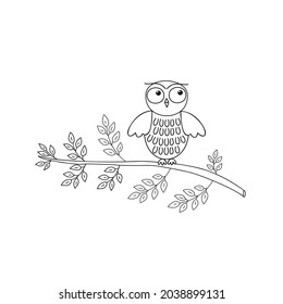 Oveja de garabato, sentada en la rama de un árbol, simple contorno de la mano vector, ilustración de pájaro del bosque blanco y negro, página de color para la relajación y la meditación