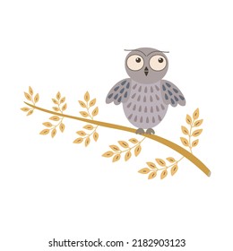 Cute doodle owl sitting on tree branch, simple flat style hand drawn cartoon vector forest bird illustration, fairy tale character, autumn seasonal image for poster, greeting card