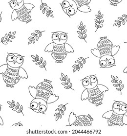 Cute doodle owl and tree branch with leaves seamless pattern, simple outline hand drawn vector black and white forest bird illustration, repeat ornament for textile, gift paper