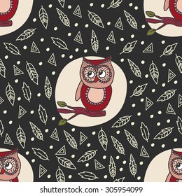 Cute doodle owl vector seamless pattern