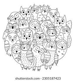 Cute doodle owls circle shape coloring page. Funny bird characters mandala for coloring book. Vector illustration