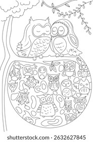Bonito Doodle Corujas Coleção para Coloração ou Design, Preto e branco ilustração de arte linha com uma variedade de bonitos doodle estilo corujas sentado em um galho e reunidos abaixo. Ideal para colorir