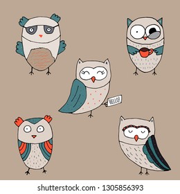 Cute  doodle owls vector set for baby showers, birthdays and invitation designs