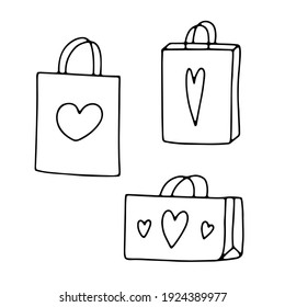 Cute doodle packages set. Hand-drawn outline presents bag isolated on white background. Surprise with hearts. Holiday, Valentines Day, Birthday gifts, Sale symbol. Vector love festive illustration