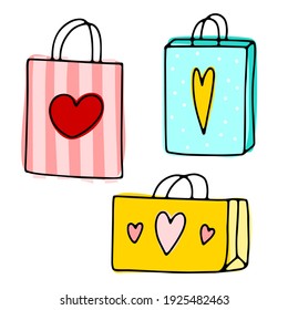 Cute doodle packages set. Hand-drawn color present bag isolated on white background. Heart, stripes, dot surprise. Holiday, Valentines Day, Birthday gift, Sale symbol. Vector love festive illustration