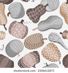 Cute doodle painted pumpkins seamless pattern. Halloween, Autumn, or Thanksgiving day harvest background. Pastel palette. Vector illustration.
