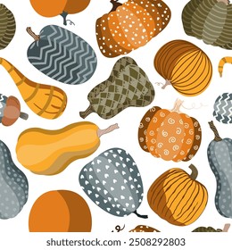 Cute doodle painted pumpkins seamless pattern. Halloween, Autumn, or Thanksgiving day harvest background. Vector illustration