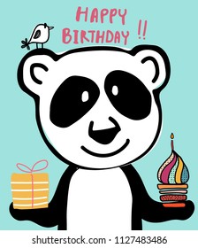 cute doodle panda and bird with colourful cup cake and candle, suitable for happy birthday card printing