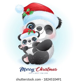 Cute doodle panda for christmas day with watercolor illustration