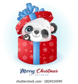 Cute doodle panda for christmas day with watercolor illustration