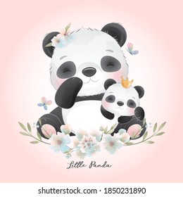 Cute doodle panda with floral illustration