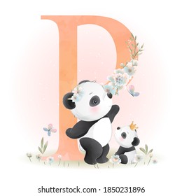 Cute doodle panda with floral illustration