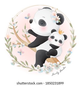 Cute doodle panda with floral illustration